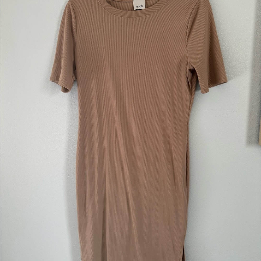 Pinkblush Elloh Women’s Taupe Ribbed Short Sleeve Maternity Dress Size Small